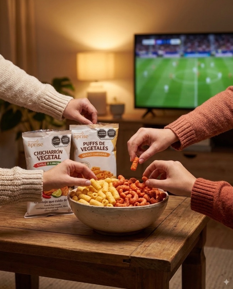 Puffs y chicharrón vegetal compartidos viendo el partido